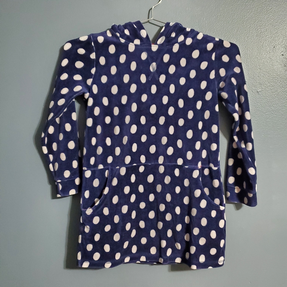 Mini Boden Blue White Polka Dot Fleece Pullover Hoodie Tunic Length Girls Size 7